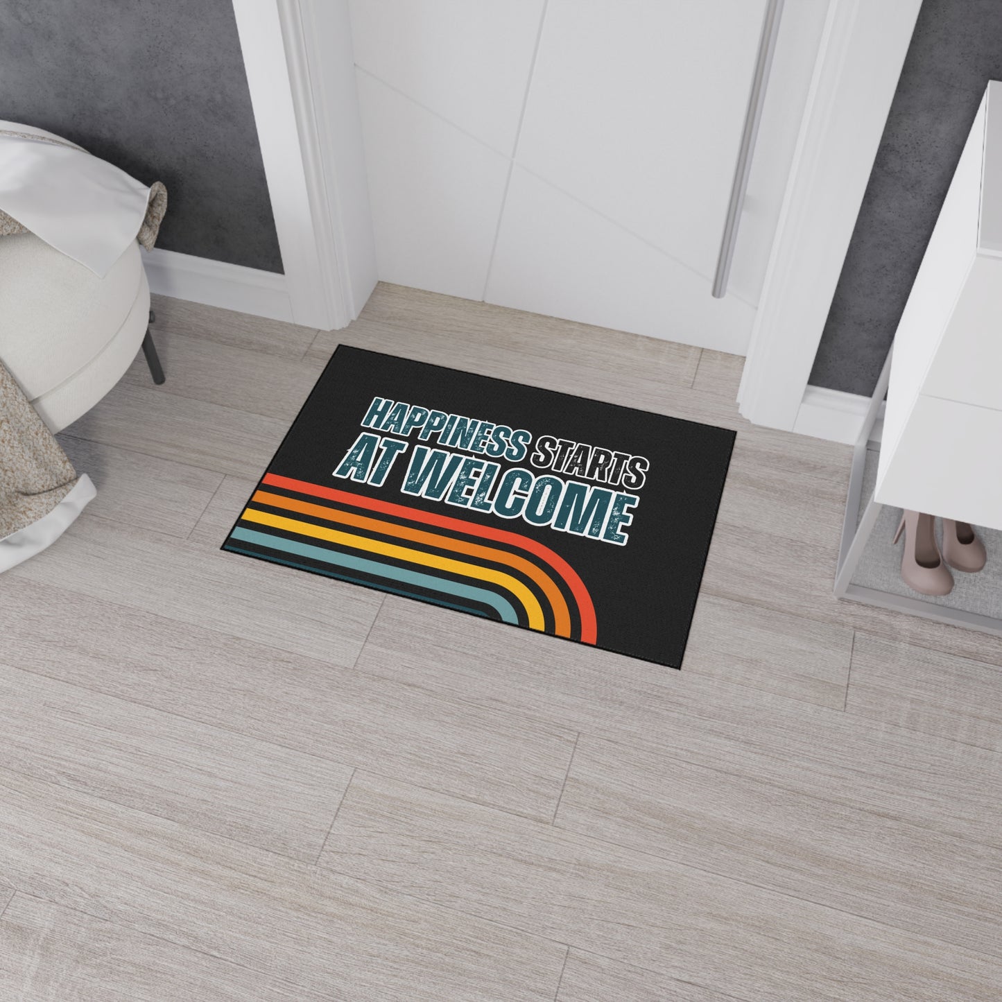 Happiness Starts at Welcome | 24" x 36" Custom Rug | Real Estate Swag Co.