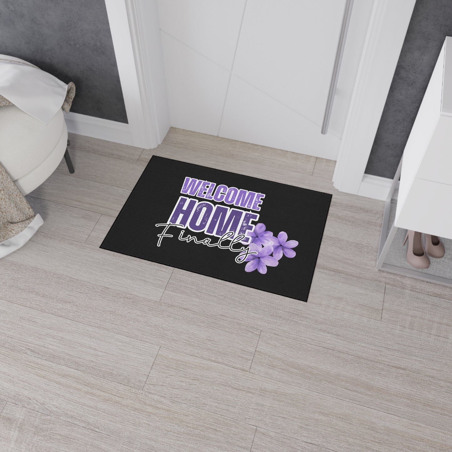 Welcome Home, Finally | 24" x 36" Custom Rug | Real Estate Swag Co.