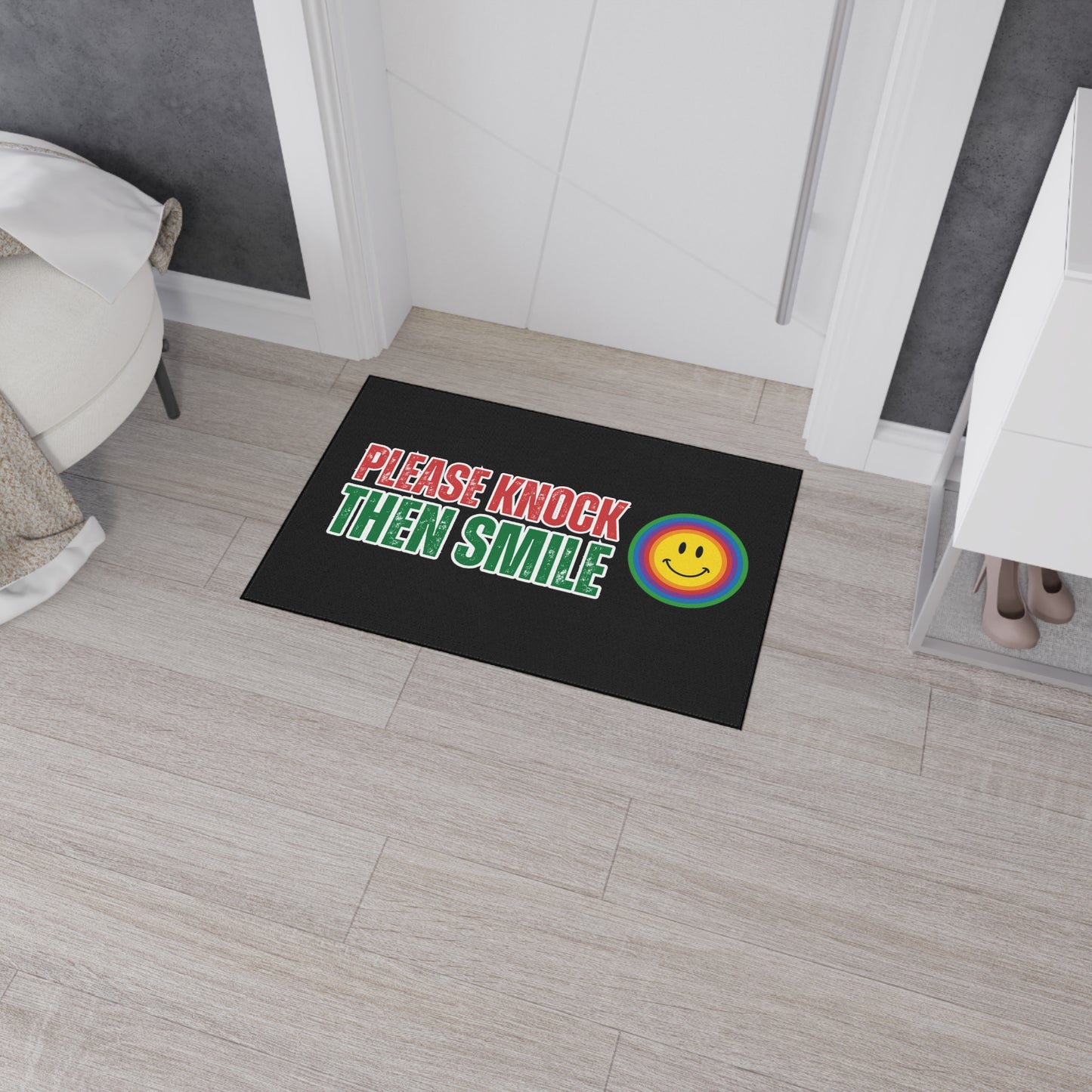 Please Knock, Then Smile | 24" x 36" Custom Rug | Real Estate Swag Co.